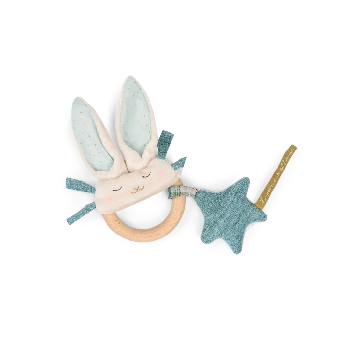 Ecole De Danse Blue Rabbit Wooden Ring Rattle By Moulin Roty